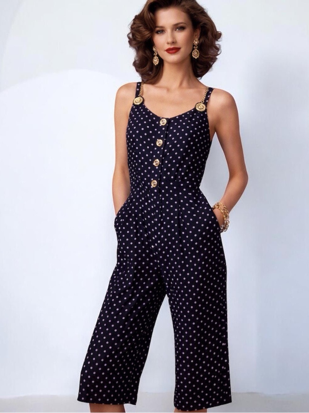Vintage 80's Joseph Ribkoff Navy Polka Dot Jumpsuit with Gold Hardware Size 8